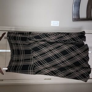 Liz Claiborne Silk Black Gold Tan Checkered Polka Dot Flowy Midi Pencil Skirt